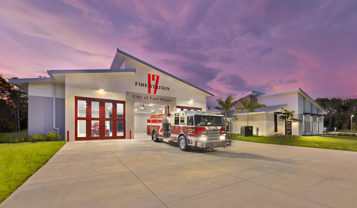 Architectural dusk view of the Fire and Rescue Station 17 Fort Myers, FL.